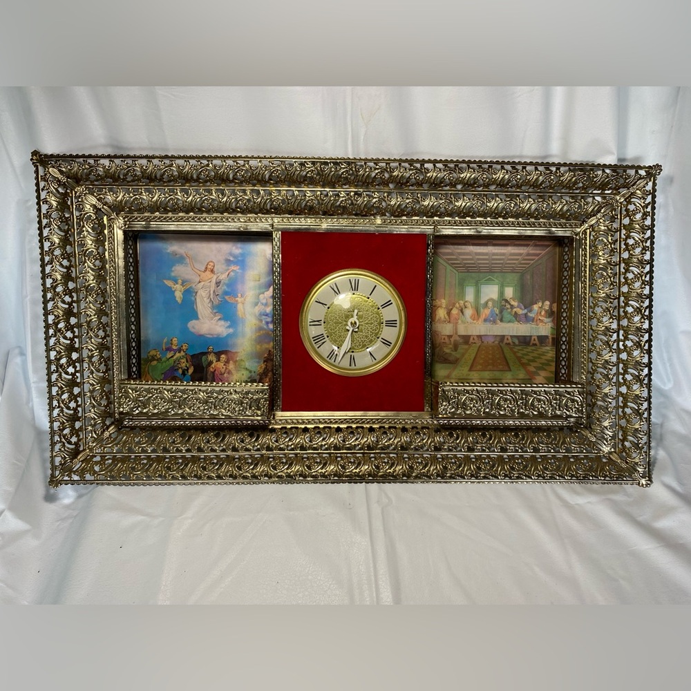 Vintage MCM Lanshire metal filigree hologram religious clock wall decor